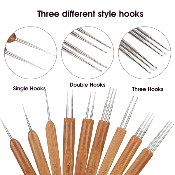 Dreadlock heklenålsett (9 stk) - Bambushåndtak, enkelt/dobbelt, hårveveverktøy