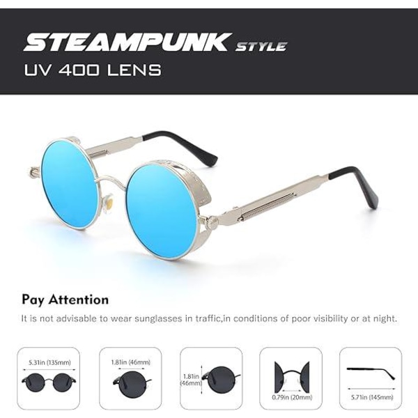 Silverbåge Blå lins-Polariserad runda damsolglasögon för män inspirerade av retro Steampunk-stil i metallisk cirkel