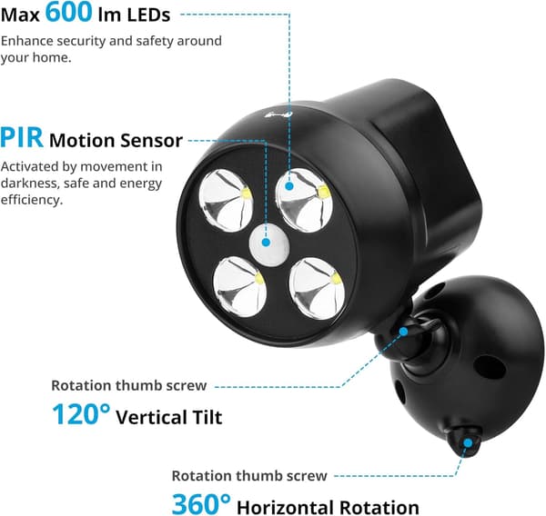 2-pack Battery-Powered Outdoor LED Security Light 600 Lumens Black