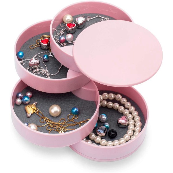 Smycken Organizer-Rosa, liten smyckeskrin Örhängehållare för kvinnor, Smyckeförvaringslåda 4 lager Vridbar smycketillbehör Förvaringsfack med lock