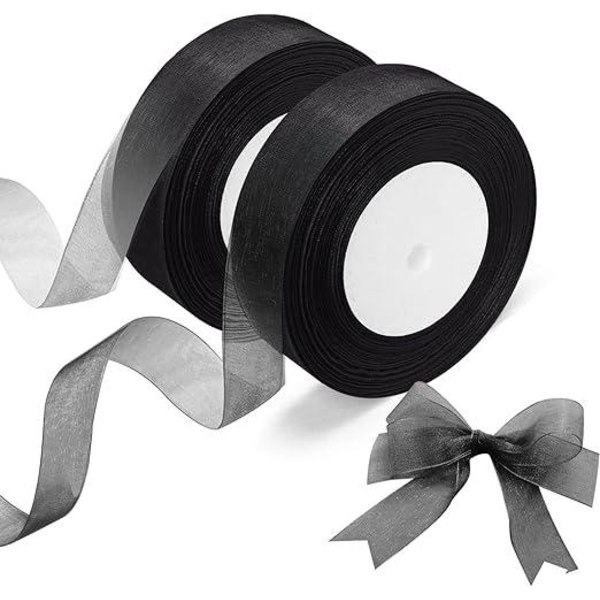 2 rullar organzaband (svart band), genomskinligt chiffongband, vardera 20 mm x 45 m, används för gör-det-själv, presentförpackningsband, födelsedagsfestbandsdekoration