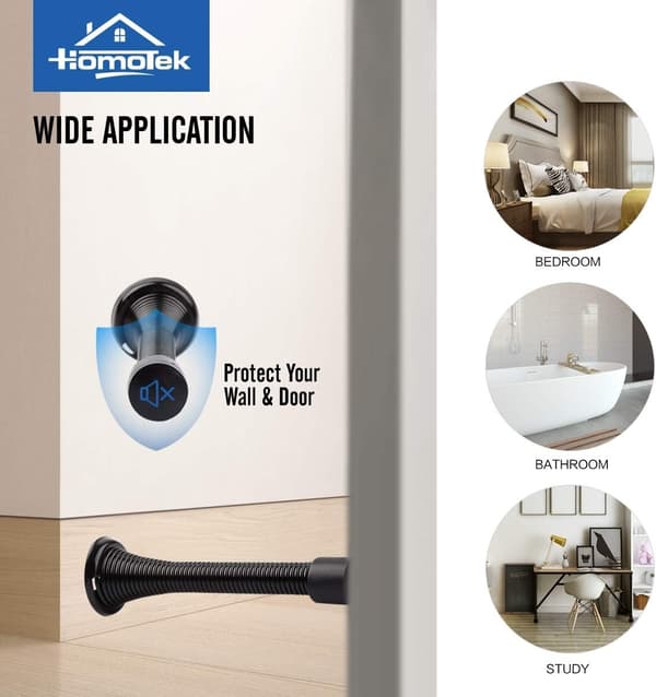 12-pack Black Spring Door Stops, 3-1/8\" Heavy Duty - Flexible Door Stops with Low Mounted Black Rubber Tips