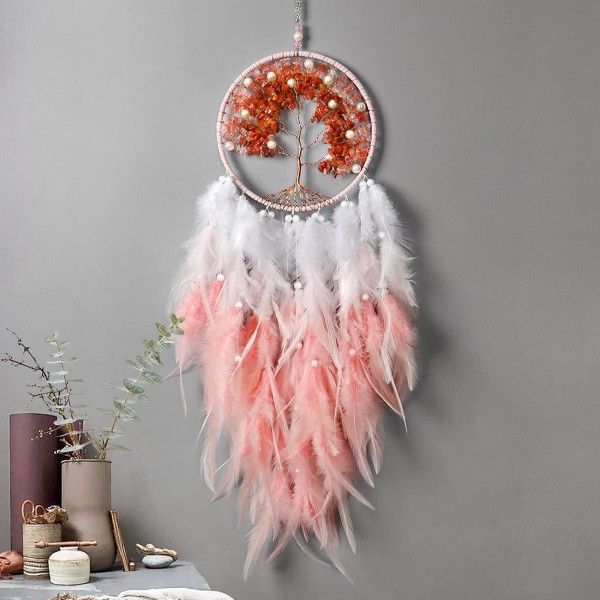 Håndlavet Bohemian Crystal Tree of Life Dreamcatcher Feather Dreamcatcher Boligindretning til soveværelse, bryllup, (Pink)