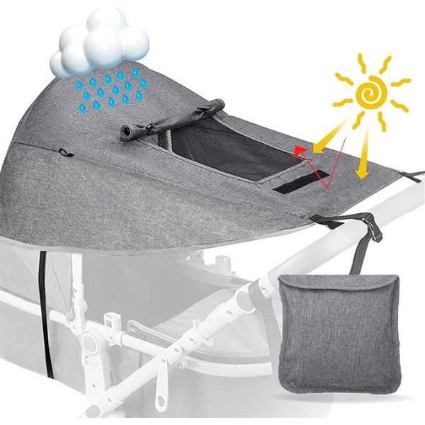 Barnevogn solseil (grå), universal med UV-beskyttelsesdeksel, vanntett og regntett, barnevogn solseil