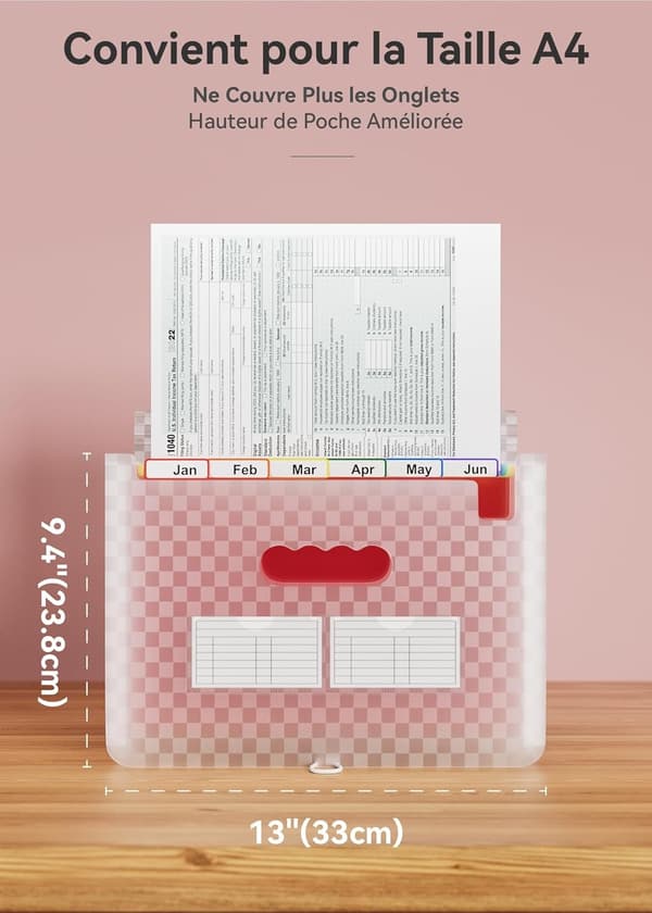 A4 Paper Storage Organizer 12 Pockets, with Grid Pattern, Accordion Folder Organizer (Pink)