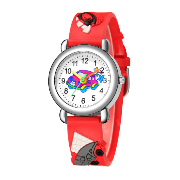 Barneklokke (rød, bil), Vanntett armbåndsur for barn Quartz Movement, 3D tegneseriedesign, Digital barneklokke for 3 år til 12 år gammel jente gutt