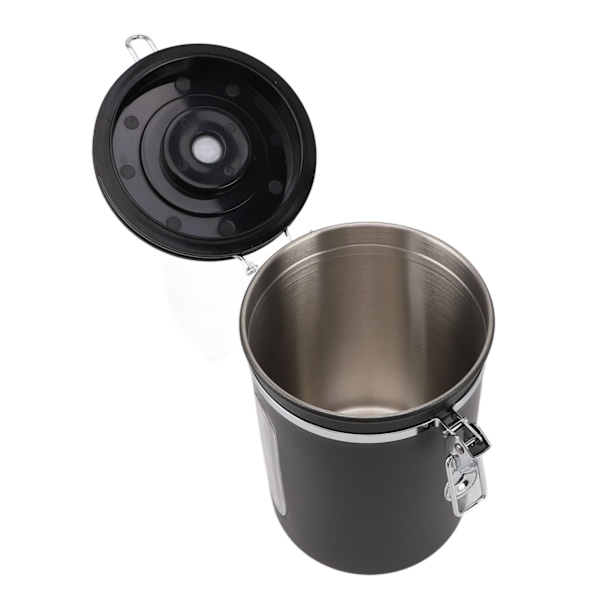 Kaffeboks 1800ml 304 Rustfritt Stål Vindusdesign Enveis Ventil med Skje Lufttett Kaffebeholder for Kaffebønner Matt Svart