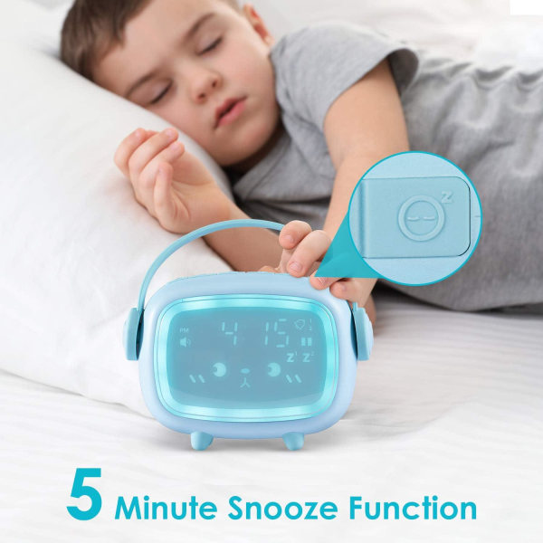 Blå barnväckarklocka för pojkrum OK att vakna, sömntränare för barn, väckarklocka och nattljus
