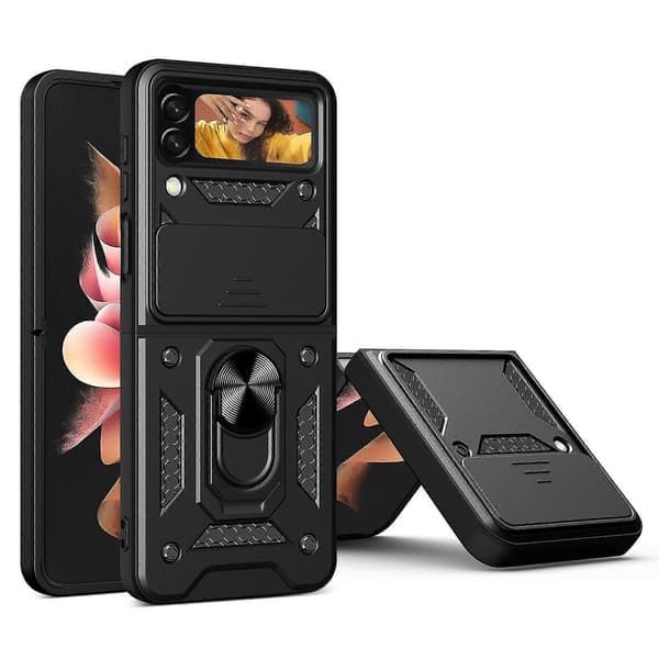 Heavy Duty Armor Case Compatible with Galaxy Z Flip 4, Shockproof Hard PC Shell with Ring Holder