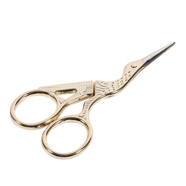 1 stk. broderisaks i rustfrit stål, kranformet, krydsstingsaks, guld
