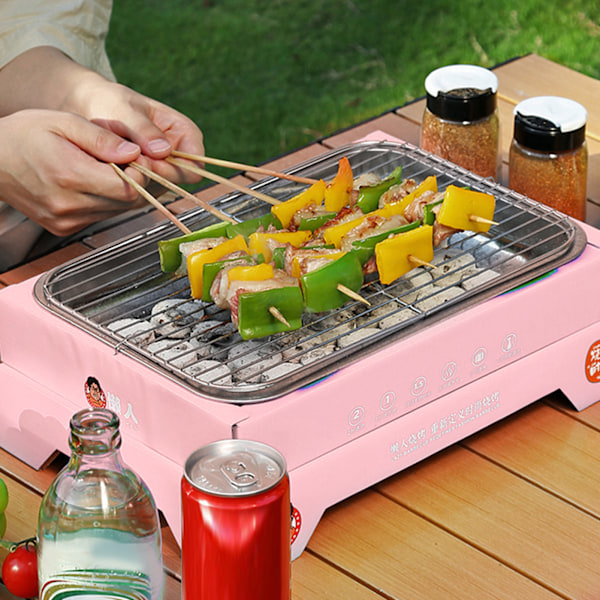 Kullgrill for engangsbruk, kompakt, avtakbar, bærbar grill i rustfritt stål for utendørs camping, rosa (med 30 kull)