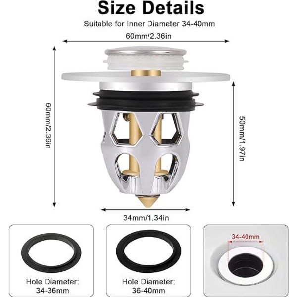 Pop Up vaskpropper, 2 universelle vaskpropper med 2 skiver, anti-tilstopning afløbssi, køkkenbadeværelses afløbspropper (34-40 mm)