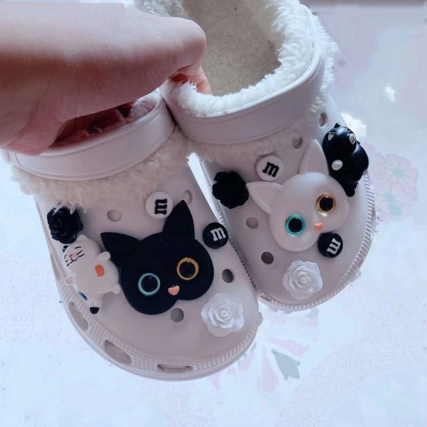 12 deler 3D Clogs Sandaler Ornamenter (svart og hvit katt), Sko Charms, Søte Sko Ornamenter for Clogs Sko Sandal Armbånd DIY
