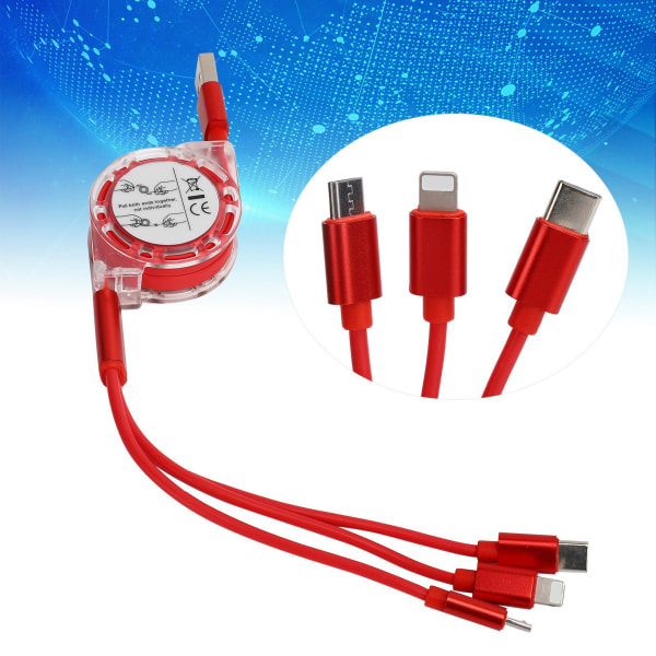 Uttrekkbar 3-i-1 nylonflettet USB-laderkabel for iOS/Type C/Mikroport (rød)