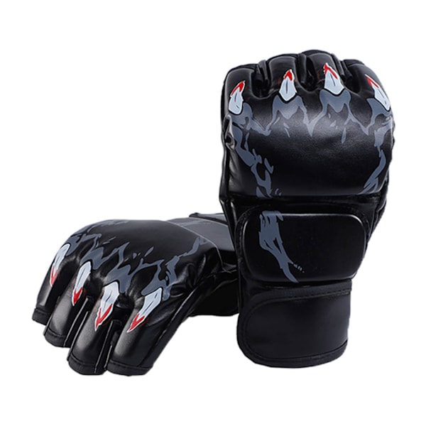 Kampsport Handsker Sort Tigerklo Design Tykkere Læder Latexforing Halvfinger Boksehandsker til Træning