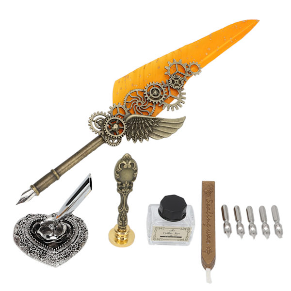Sulka-kynäsetti, metallinen kynäteline, retro, elegantti tyyli, selkeä kaiverrus, litteä kärki 1–5 mm / 0,04–0,20 tuumaa, kirjoituskynäsetti, oranssi