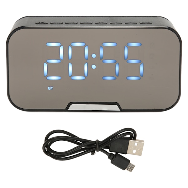 Bluetooth-högtalare med digital väckarklocka, temperaturvisning, röstmeddelande, FM-radio, spegelväckarklocka, svart