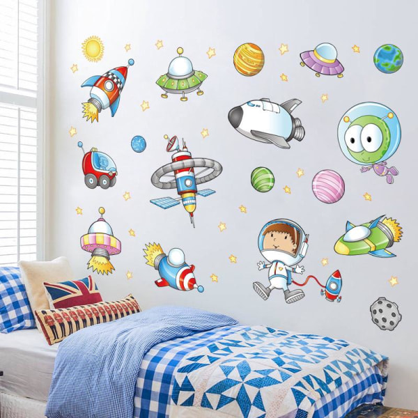 2 väggklistermärken kreativt utrymme tecknad astronaut barnrum skola planetarium väggglas dekorativ målning 50*70cm
