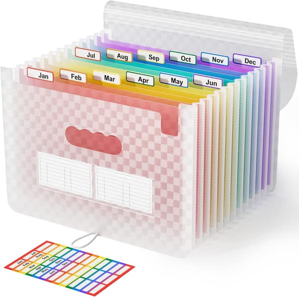 A4 Paper Storage Organizer 12 Pockets, with Grid Pattern, Accordion Folder Organizer (Pink)