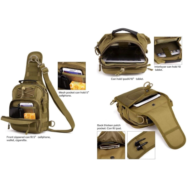 Tactical Military Sling Bag Molle Pouch Bröstpaket för män Multifunktionsryggsäck för sportjakt, brun