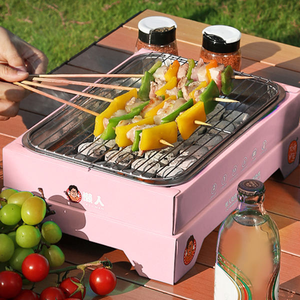 Kullgrill for engangsbruk, kompakt, avtakbar, bærbar grill i rustfritt stål for utendørs camping, rosa (med 30 kull)