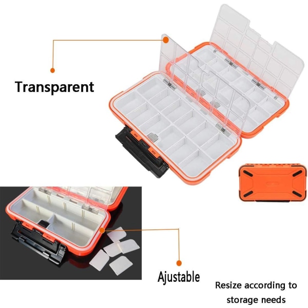Orange- Opbevaringsboks til fiskegrej, bærbar vandtæt fiskegrejkasse med justerbare skillevægge.
