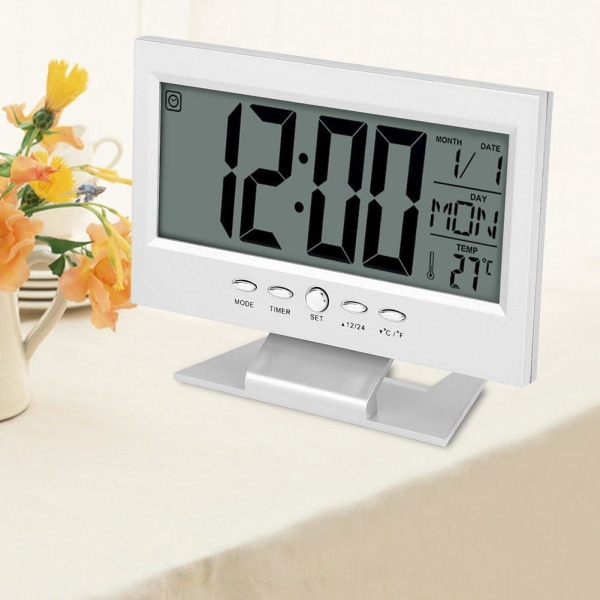 Digital kalenderklocka Multifunktions LCD Digital skrivbordsväckarklocka med nattljus och snoozetid/datum/temperatur (silver)