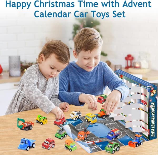 Adventskalender 2025 for barn gutter, 24 dagers julekalender med pull-back biler kjøretøy