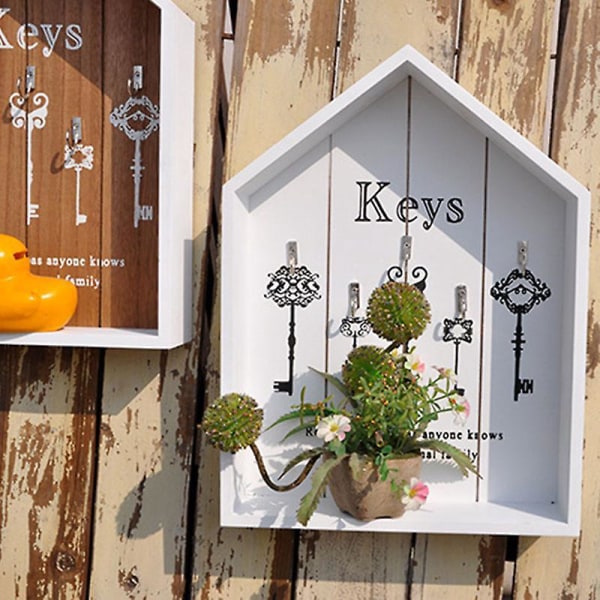 Nøgleskab Vægmonteret nøgleholder i træ med 5 dekorative, landlige husformede nøgleringe