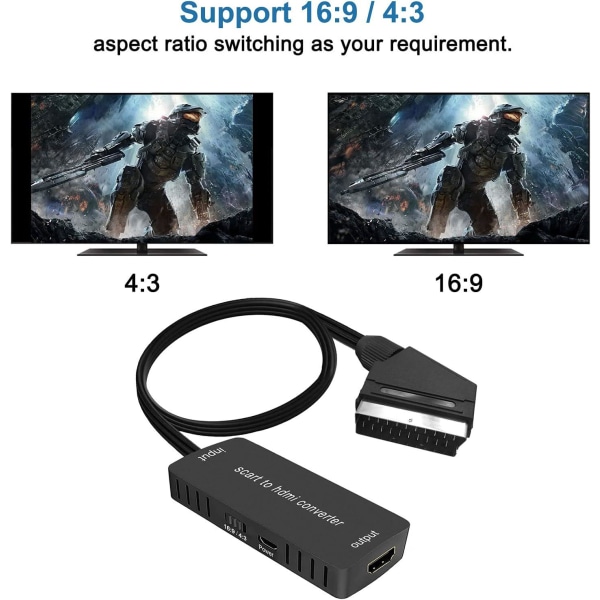Konverter til HDMI, Input Output HDMI 16: 9/4: 3 Audio Video Adapter med HDMI-kabel for HDTV Monitor Projektor STB VHS Xbox PS3 Sky Blu-Ray DVD-spiller