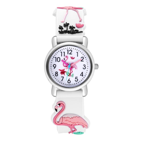 Barneklokke (hvit, Flamingo), Vanntett barnearmbåndsur Quartz Movement, 3D tegneseriedesign, Digital barneklokke for 3 år til 11 år gammel jente gutt