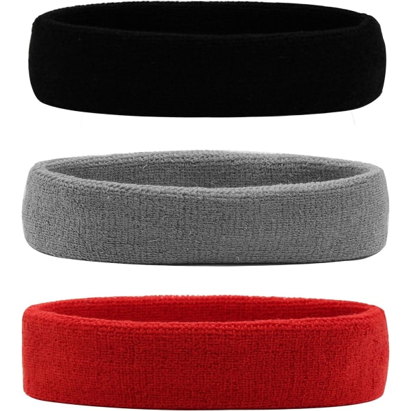 Sports pandebånd til mænd og kvinder Anti-slip bomuld elastisk sports pandebånd, sort/grå/rød (3 stk.)