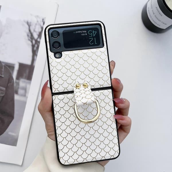 Fish Scale Pattern Case Compatible with Samsung Galaxy Z Flip 4, Shockproof PU Leather Cover with Ring