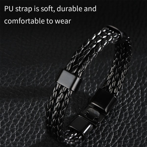 Moderiktigt stickat armband för män i flera lager med PU-rem och legeringsspänne (svart)