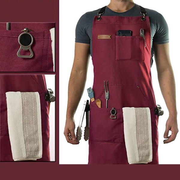 (Rött) Frisörförkläde med verktygsficka - Canvasförkläde med snabbstängning, justerbar bokväska, för män och kvinnor
