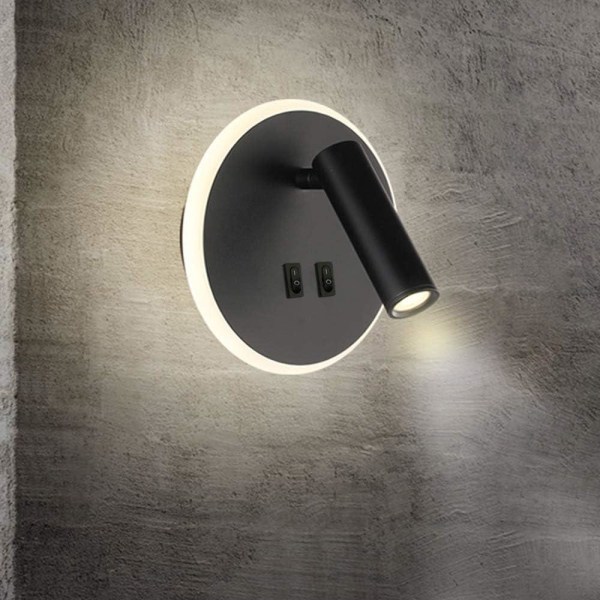 Nattbordslys LED-vegglampe Innendørs hotellvegglamper Sengekorridor Vegglampe med bryter Svart 10W (rund)