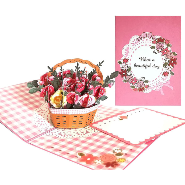 Rose Basket Flowers 3D Pop Up-kort til kæreste, kone, mor - Valentinsdag, mors dag lykønskningskort med buketdesign