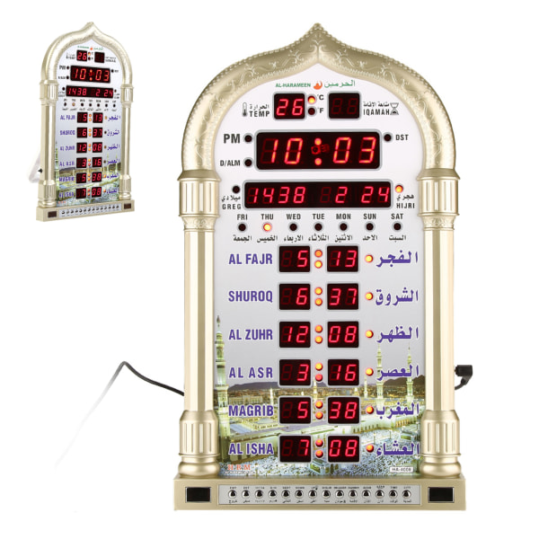 Digital islamsk veggkalenderklokke - muslimsk gave med alarm, Azan bønnetider - EU-plugg 110-240V