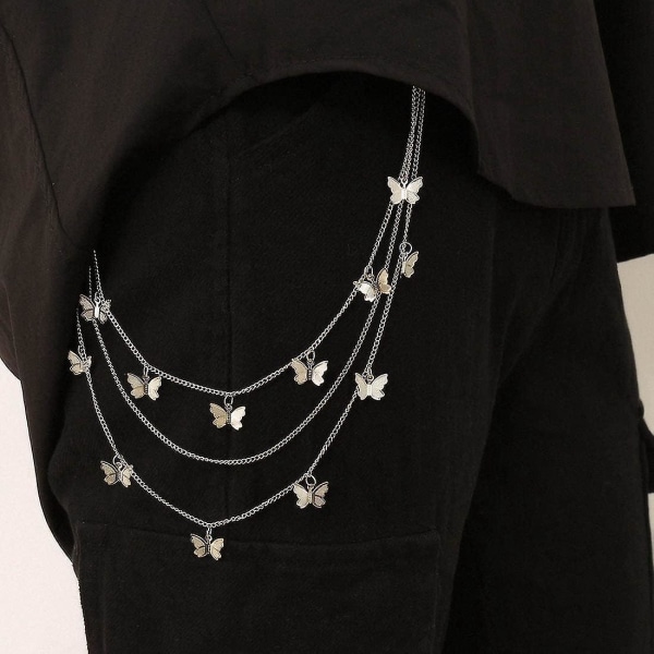 Silver Layered Butterfly Pants Chain - Sexig Punk Jean, Goth och Body Chain för kvinnor