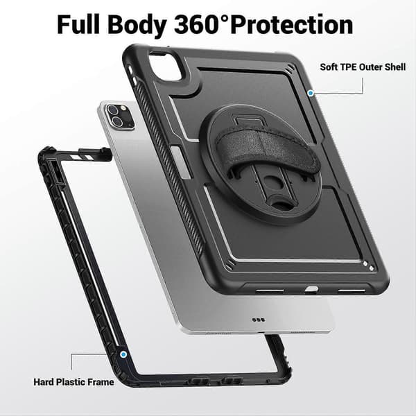 Etui til iPad Pro 11 (2024) M4 A2836 med stativ PC TPE tabletbeskyttelse med håndrem