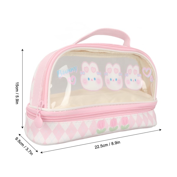 Sød kanin pennetaske kanin mønster dobbelt lag vandtæt gennemsigtig Kawaii penalhus Pink kosmetik taske med håndtag til børn