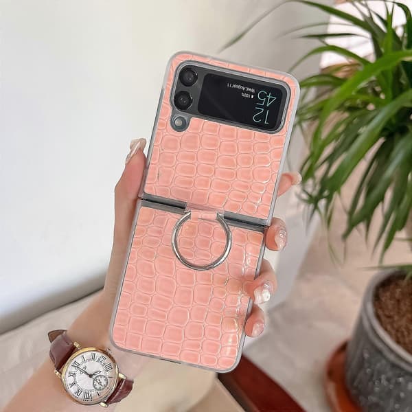 Crocodile Pattern Case Compatible with Samsung Galaxy Z Flip 3/4, Shockproof PU Leather Cover with Ring