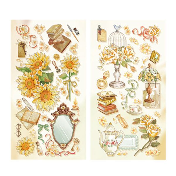 2PCS Vintage Scrapbook Stickers Flowers Gilding Processing Paper Easy Apply Long Lasting Aesthetic Sticker for Journal Yellow