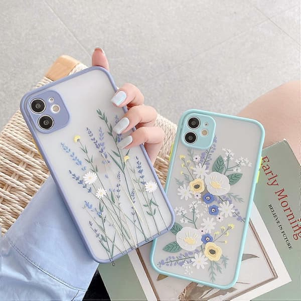 Compatible Case for iPhone 11, Floral, Transparent, Frosted PC Back, Soft TPU Protective Silicone Case, Slim Case for iPhone 11 - Purple
