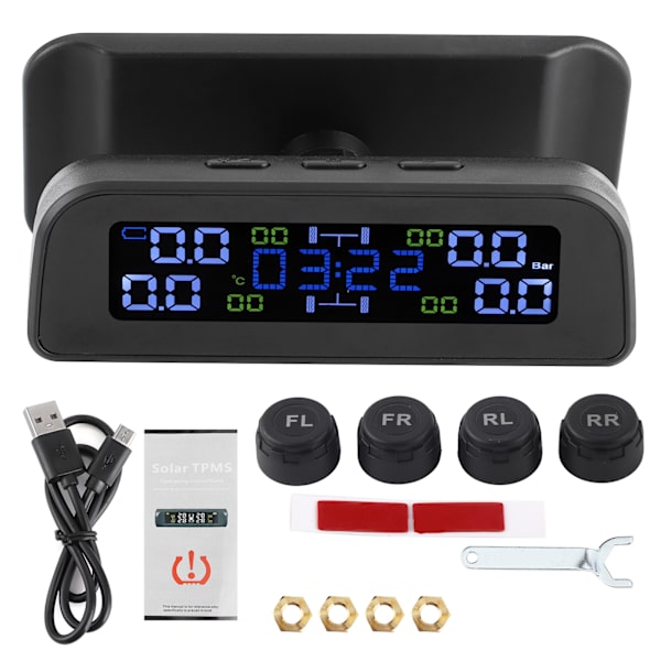 Solcellsdriven Däcktrycksövervakningssystem LCD-display Bil TPMS med Extern Sensor Klocka Design