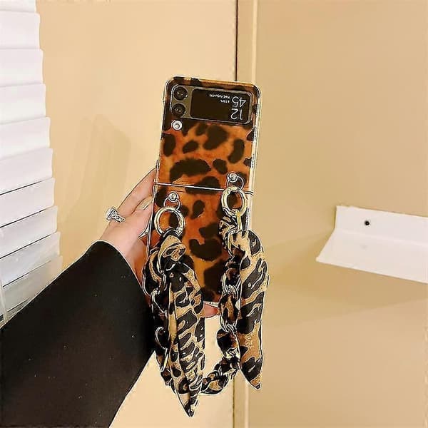 Leopard Pattern Case Compatible with Samsung Galaxy Z Flip 4, Shockproof Hard PC Cover with Hand Strap