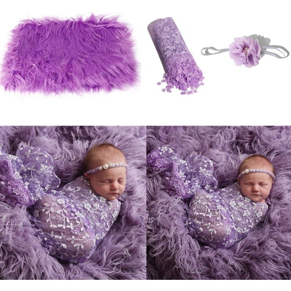 Baby rekvisita 3 st Lila Baby Fluffy filt + Nyfödd Wrap + Blomma Pannband Set Pojkar Flickor Gör-det-själv-fotograferingskläder