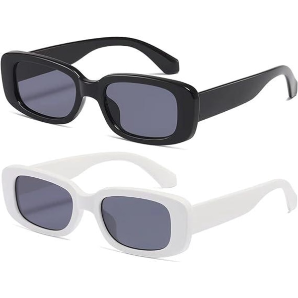 2 rektangulære solbriller (sort og hvid) Retro modebriller til kvinder og mænd Retro 90'er UV beskyttelsesboks