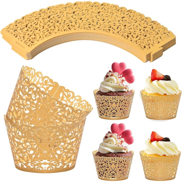 100 gullblonde cupcake-innpakninger og toppers for bryllup, bursdager, babyshower - Dekorative innpakninger for cupcakes, muffins og kaker