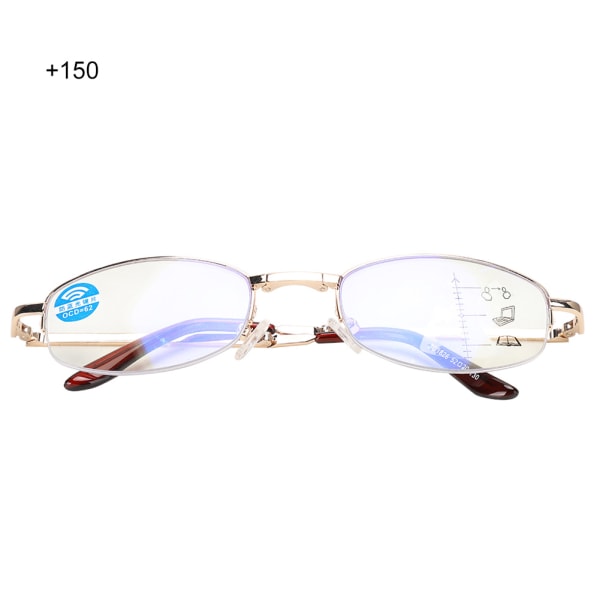 Multifocal Progressive Presbyopic lasit Sininen valoa estävät lukulasit miehille, naisille (+150 Gold Frame)